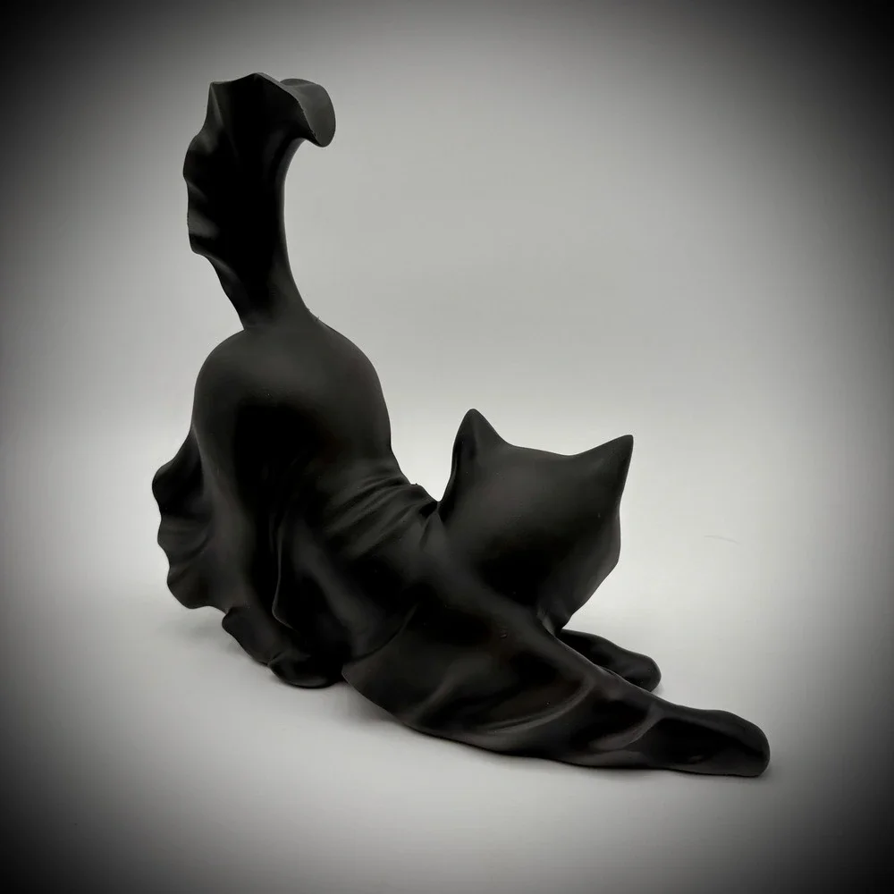Black Ghost Cat Statue Whimsical Stretching Tail Upwards Decorative Figure
